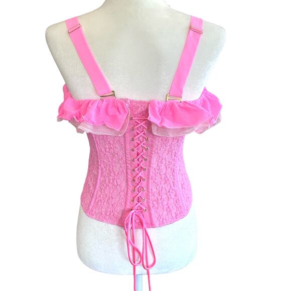 We Are HAH Corset Seams Like a Princess Medium Barbie Pink Lace Ruffle Lace Up - Picture 2 of 14